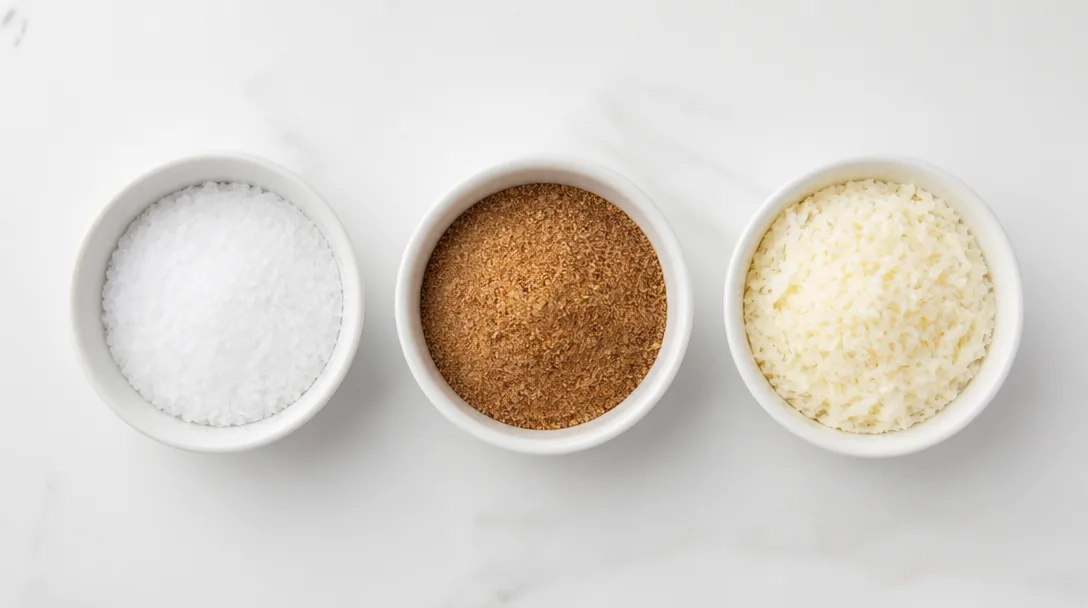 Tre kryddningsblandningar för popcorn i vita skålar på vit yta: havssalt, kanel-socker och riven parmesan, uppifrån-perspektiv