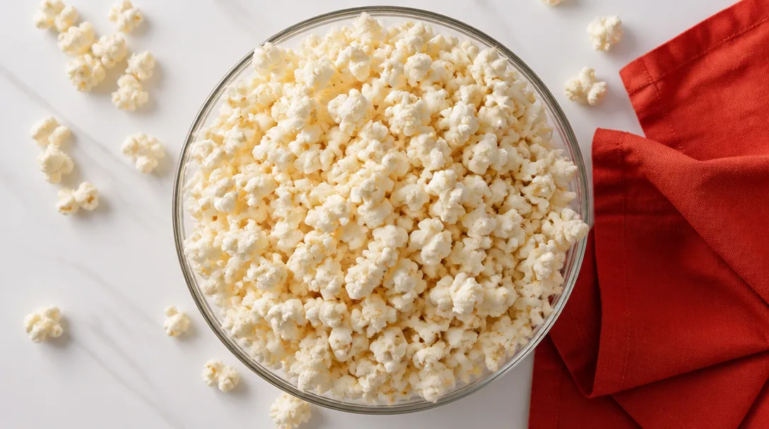Stor skål med nypoppad popcorn på vit yta, uppifrån-perspektiv