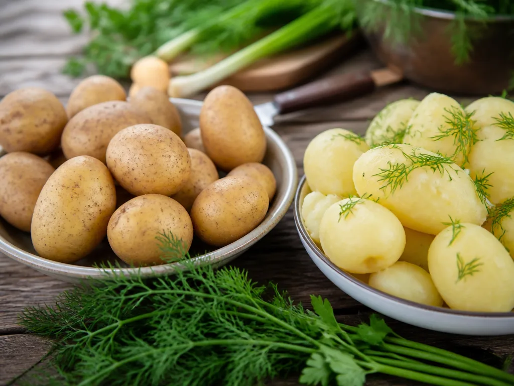 Råa och kokta potatisar på ett rustikt träbord med färska örter