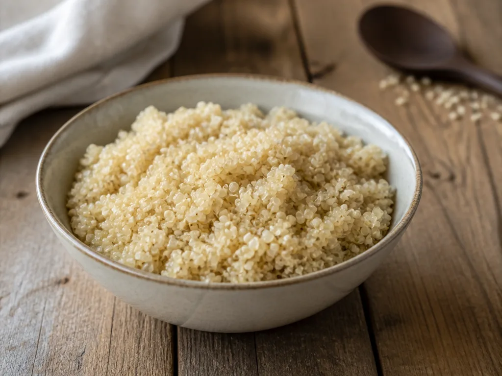 Kokt quinoa i en vit skål med sked, sedd ovanifrån i naturligt ljus