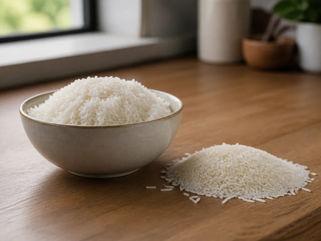 Okokt långkornigt vitt ris i en skål bredvid ett litet fat med kokt ris
