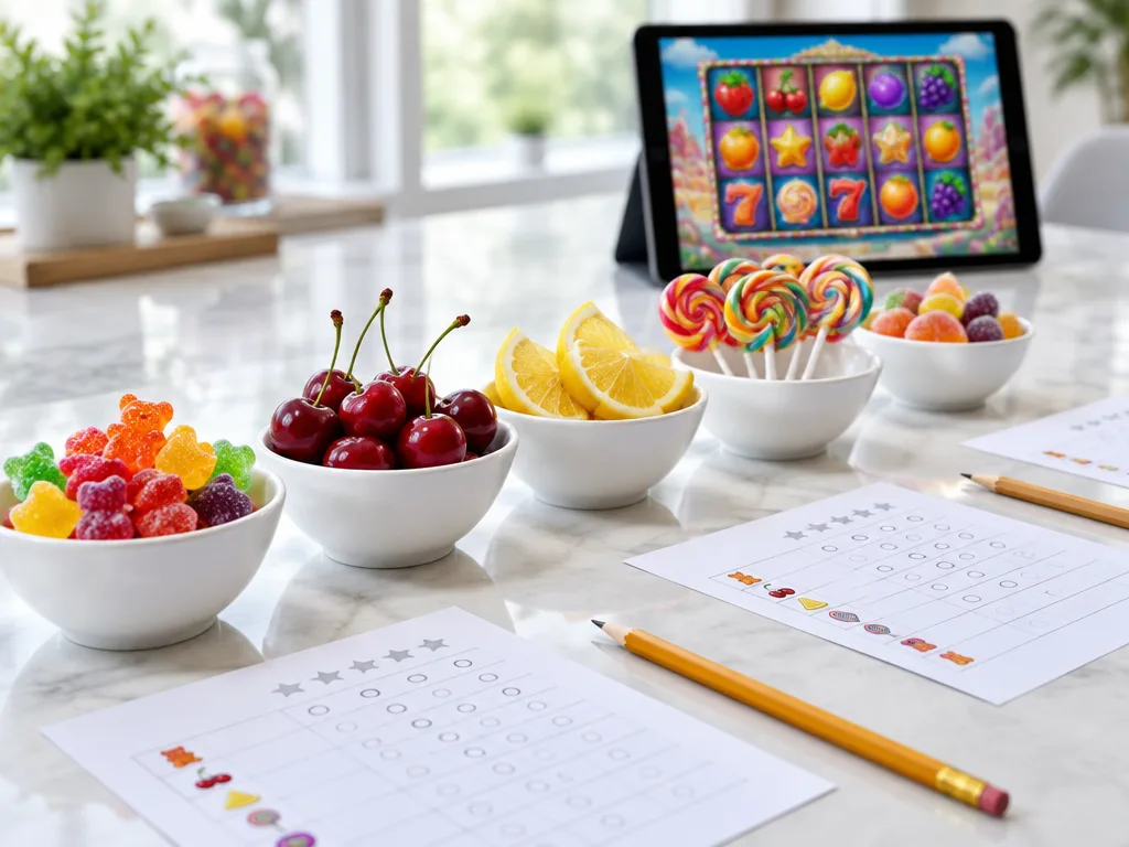 Vita smakskålar med gelégodis, körsbär, citron och klubbor på ett bord med bedömningsprotokoll, och en surfplatta som visar en spelautomat med fruktsymboler