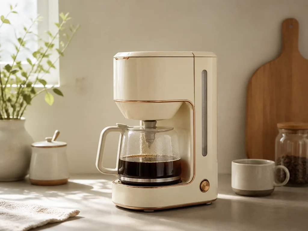 Pastellfärgad retro-kaffebryggare på en ren köksbänk i mjukt morgonljus