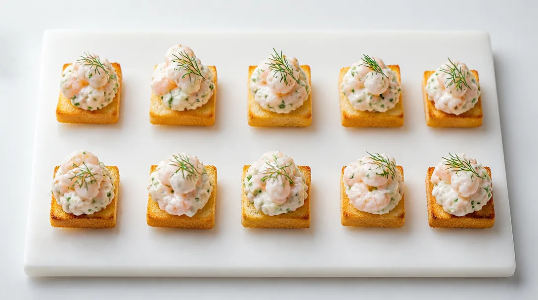 Miniatyr toast skagen-snittar med räkor och dill på rostat bröd på vit skifferbricka, uppifrån-perspektiv