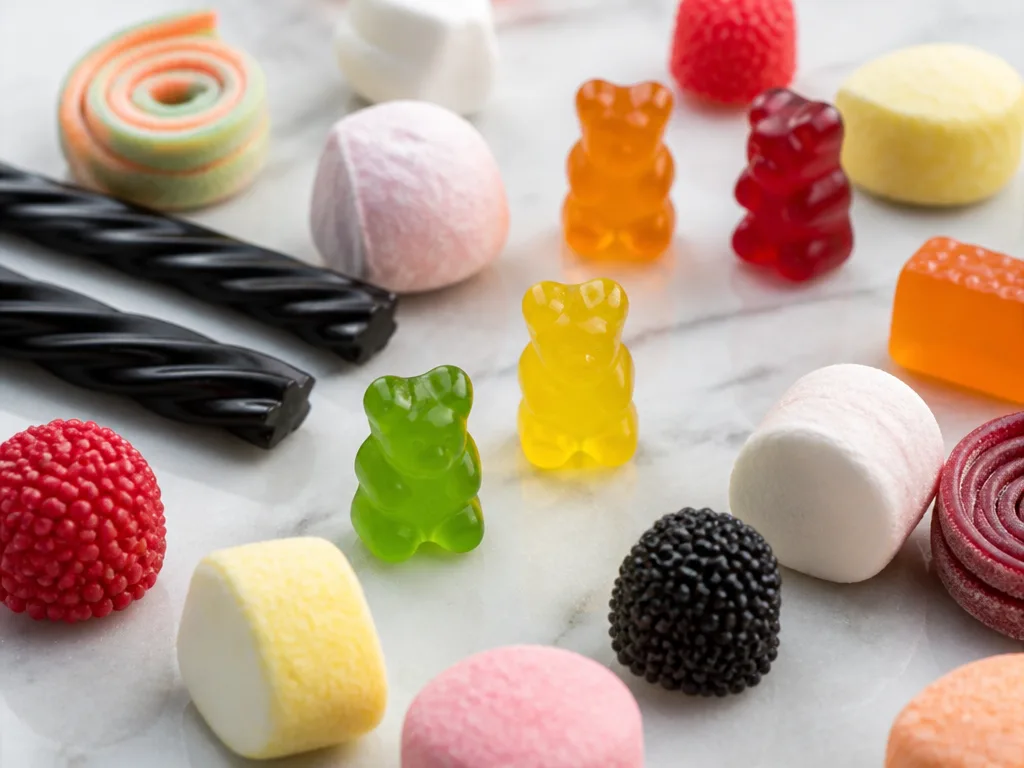 Färgglatt sockerfritt gelégodis, lakrits och skumgodis arrangerat på marmorbänk