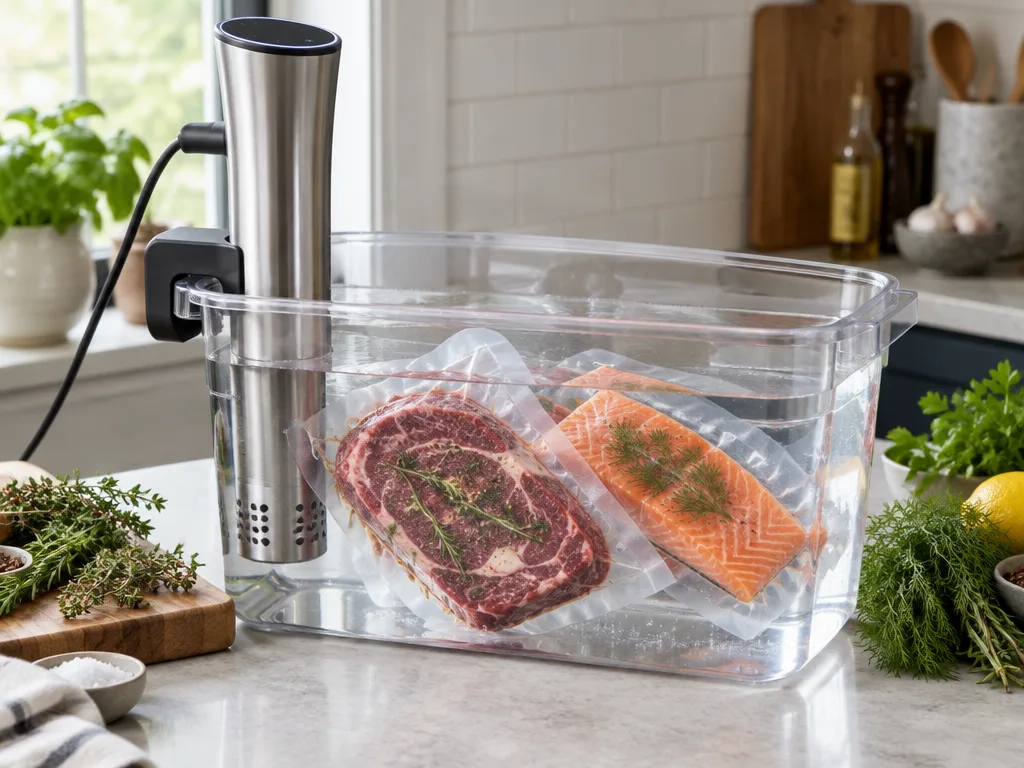 Sous vide-stav fäst på en genomskinlig vattenbehållare med vakuumförpackad biff och lax, och färska örter på köksbänken