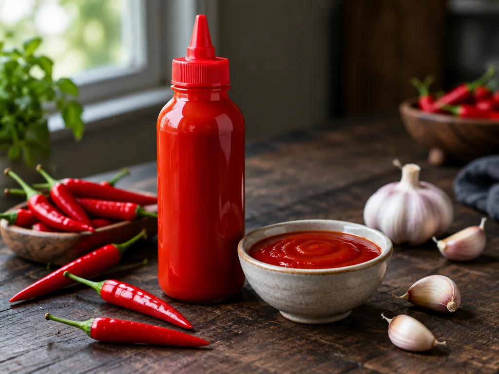 Röd flaska med slät chilisås och en skål sriracha bredvid färska röda chilifrukter och vitlök på ett mörkt träbord