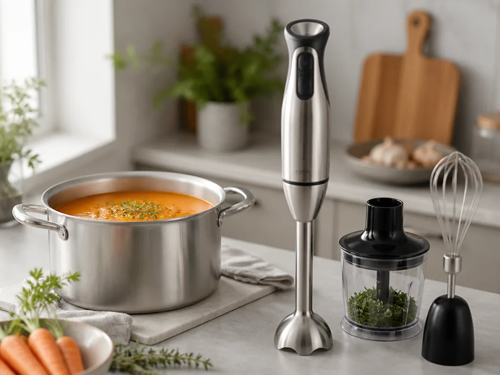Stavmixer i rostfritt stål som mixar soppa direkt i kastrullen