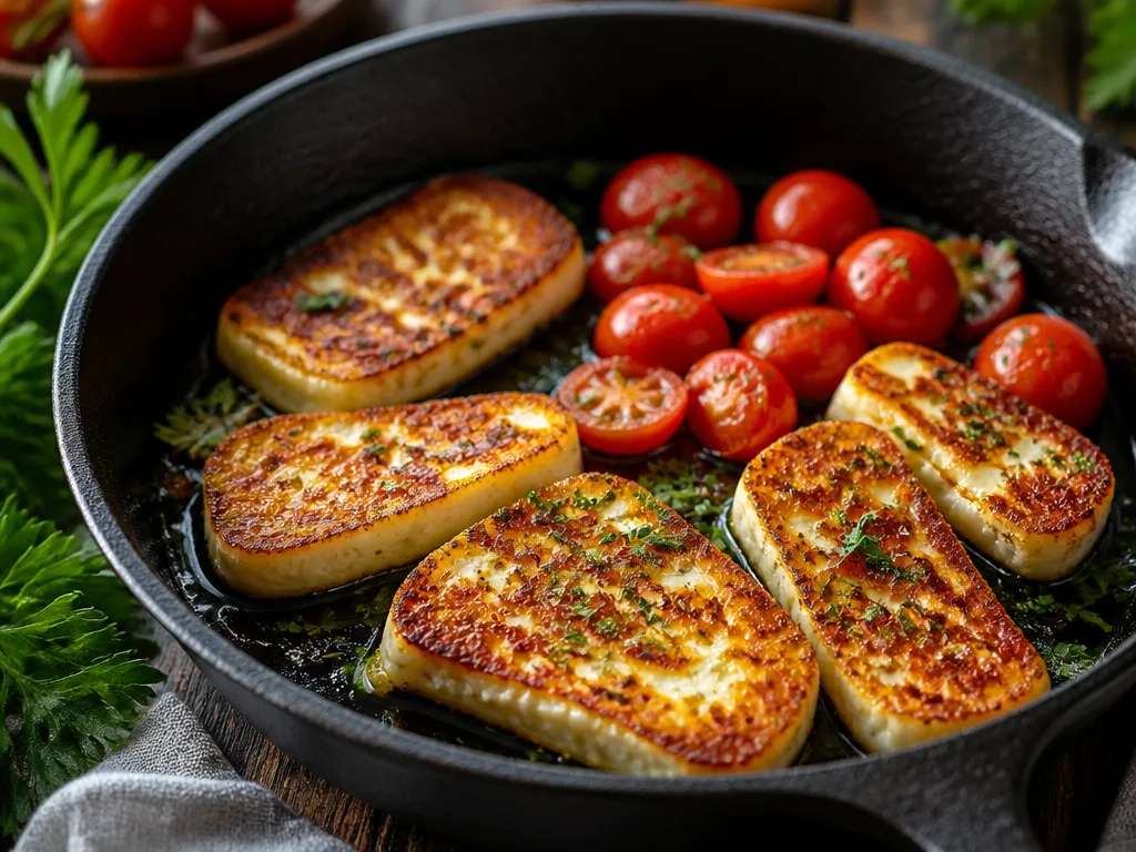 Gyllenbruna, krispiga skivor av stekt halloumi i en gjutjärnspanna med olivolja, körsbärstomater och färsk persilja
