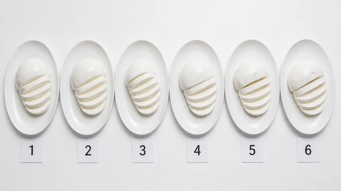Sju färsk mozzarella i numrerade vita skålar förberedda för blindtest