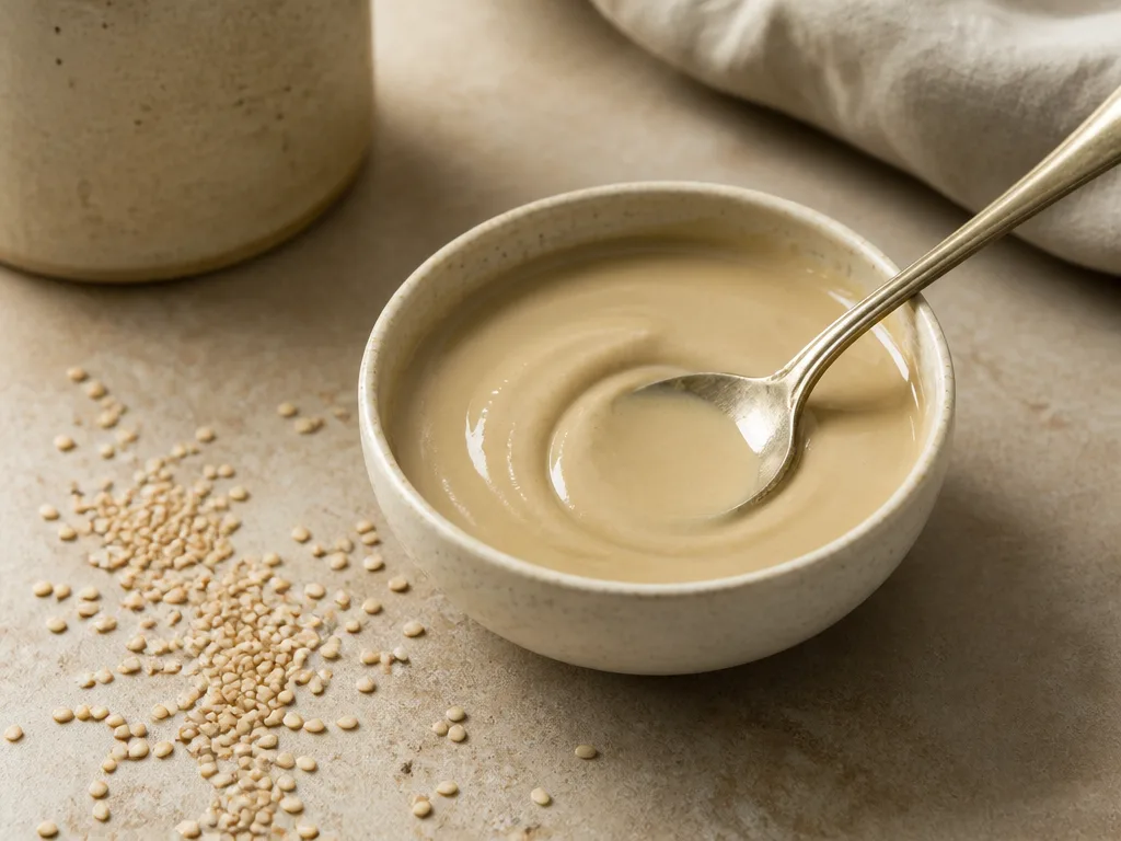 Krämig tahini i en liten skål med sesamfrön bredvid