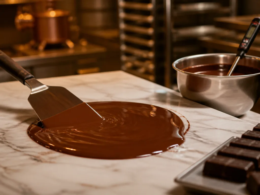 Mörk choklad tempereras på marmorskiva med metallspatel – blank smält choklad och termometer på professionellt bagarbord