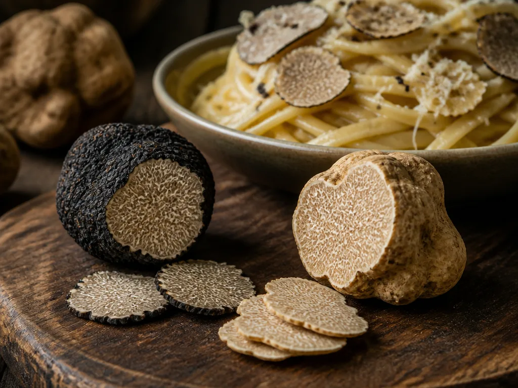 Färsk svart och vit tryffel skuren i skivor på en mörk träskärbräda, riven över pasta