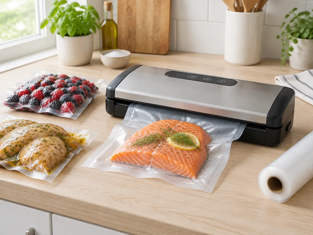 Vakuumförpackare i rostfritt stål på en köksbänk som försluter en påse med laxfilé, bredvid vakuumförpackade bär och marinerad kyckling och en folierulle