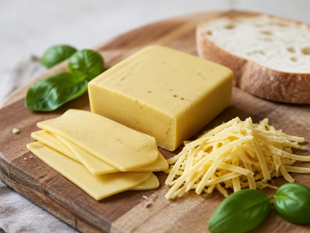 Riven och skivad vegansk ost på en träskärbräda med bröd och basilika