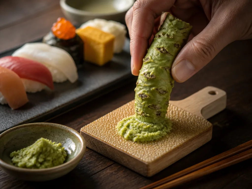 Färsk grön wasabirot rivs till pasta bredvid sushi på ett mörkt träbord